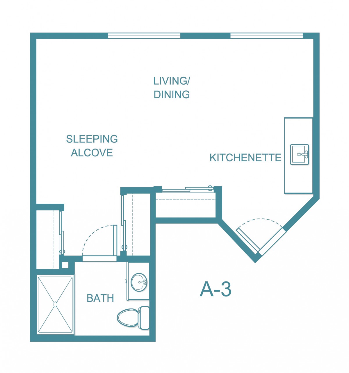 Studio apartment floor plan with living/dining area, kitchenette, sleeping alcove, and bathroom.