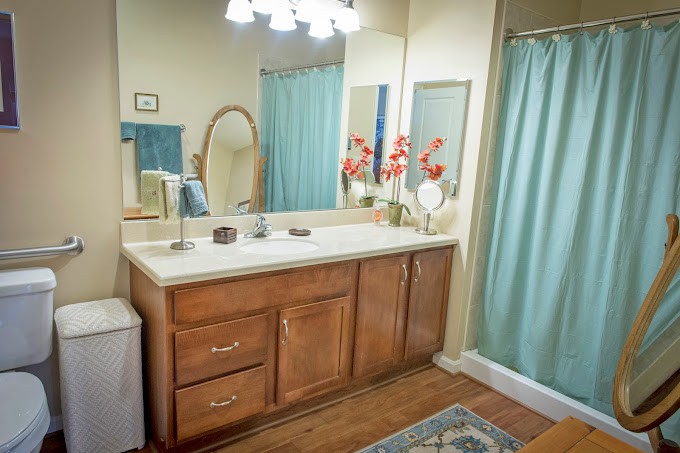A tidy bathroom with a wooden cabinet, sink, and decorative elements.