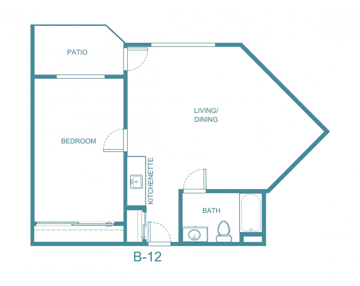 A floor plan of a one-bedroom apartment featuring a living and dining area, kitchen, bedroom, and bathroom.