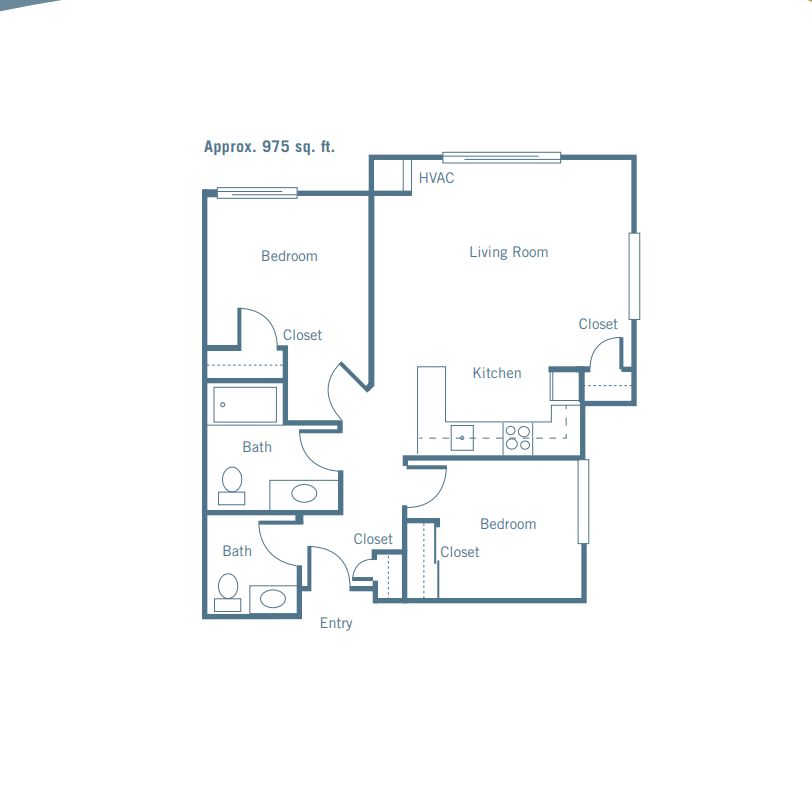 A floor plan of a two-bedroom apartment with a living room, kitchen, and bathroom.