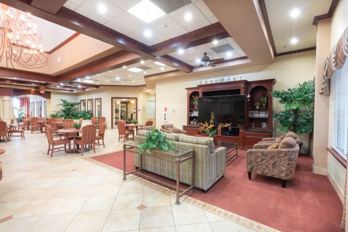 A cozy lounge area with comfortable seating, a large television, and decorative plants.