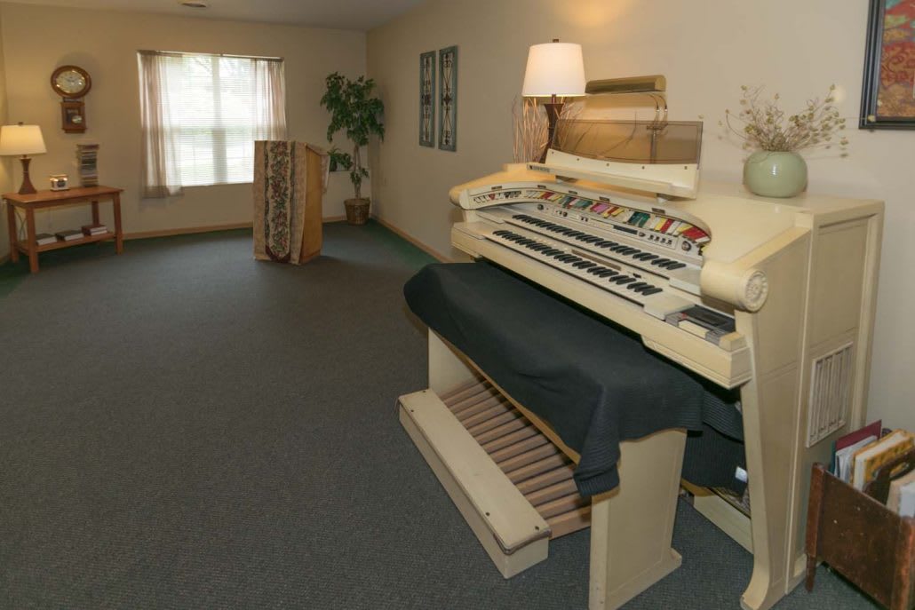 A room with an organ and a green carpeted floor, featuring a lamp and a potted plant.