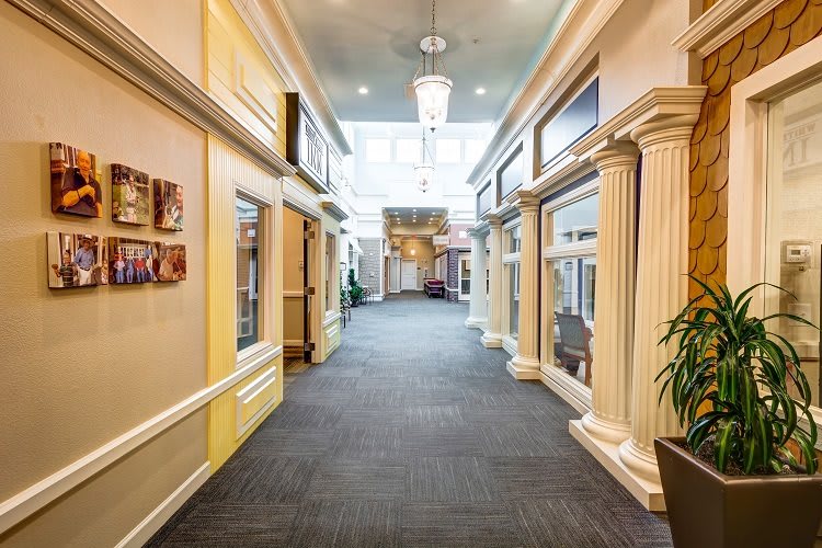 A well-lit hallway with decorative columns and carpeted flooring in a seniors facility.