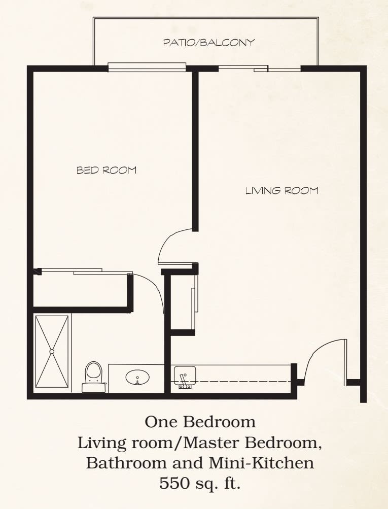 A floor plan of a one-bedroom apartment featuring a living room and master bedroom.