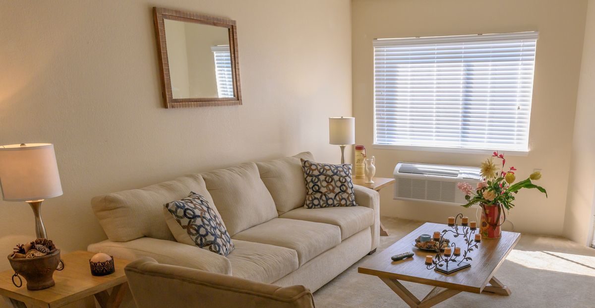 Cozy living room with a comfortable sofa, decorative pillows, and a wooden coffee table.