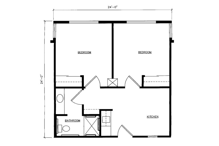 A basic floor plan of a two-bedroom house with a bathroom and kitchen area.