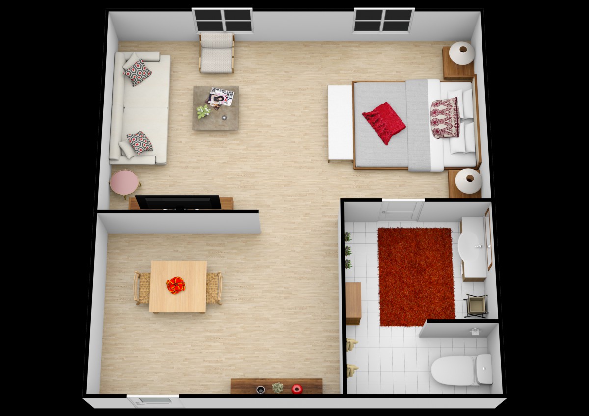 A detailed floor plan of a compact apartment featuring a bedroom, living room, kitchen, and bathroom.
