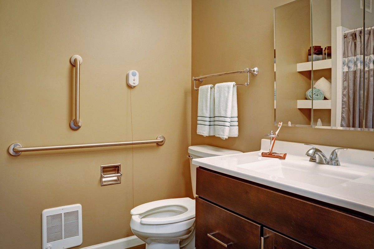 A modern bathroom featuring a toilet, sink, and mirror, complete with a grab bar and towel rack.