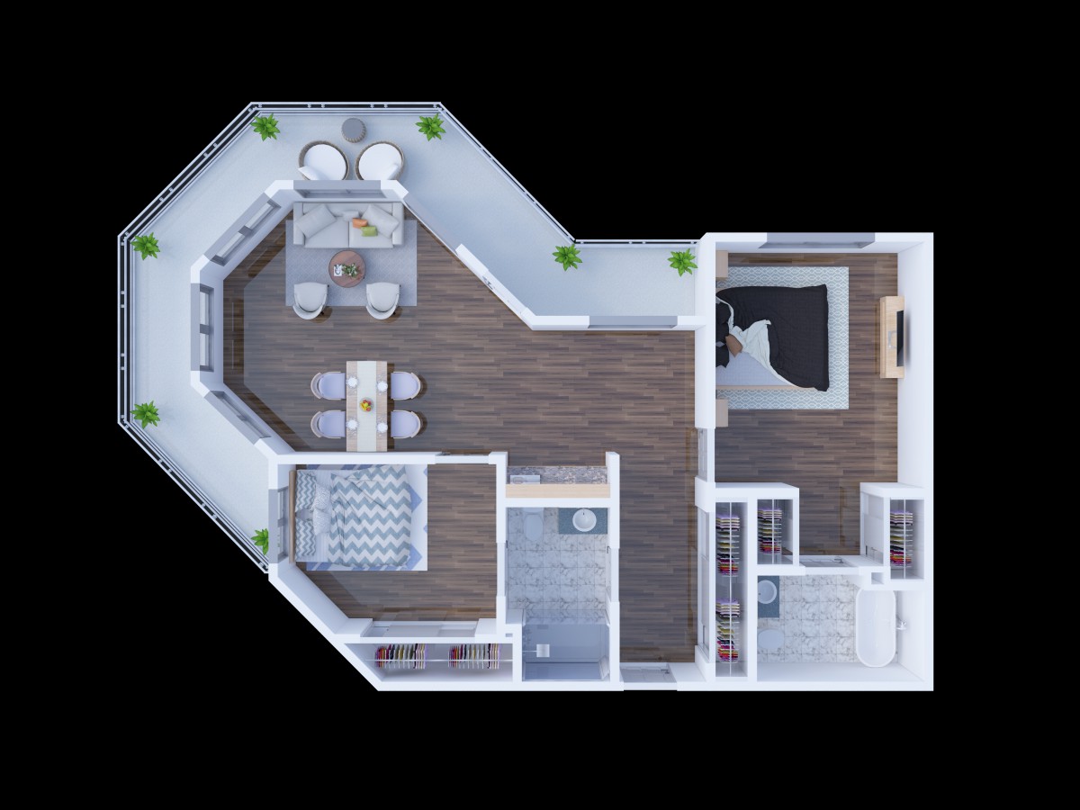 3D floor plan of an apartment featuring an open living and dining area, bedroom, kitchen, and outdoor space.