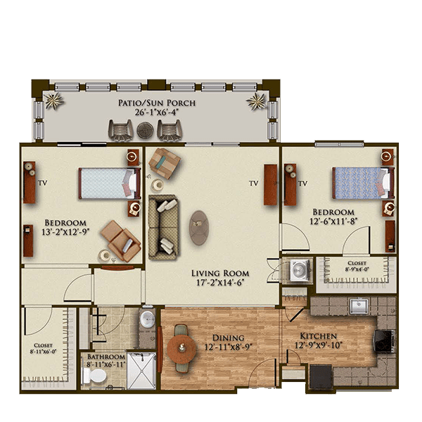 A detailed floor plan of a two-bedroom apartment featuring a living room, kitchen, and veranda.