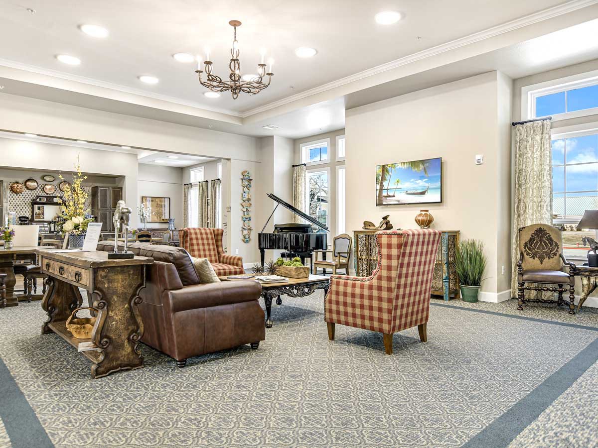 A sophisticated lobby with comfortable seating and elegant decor.