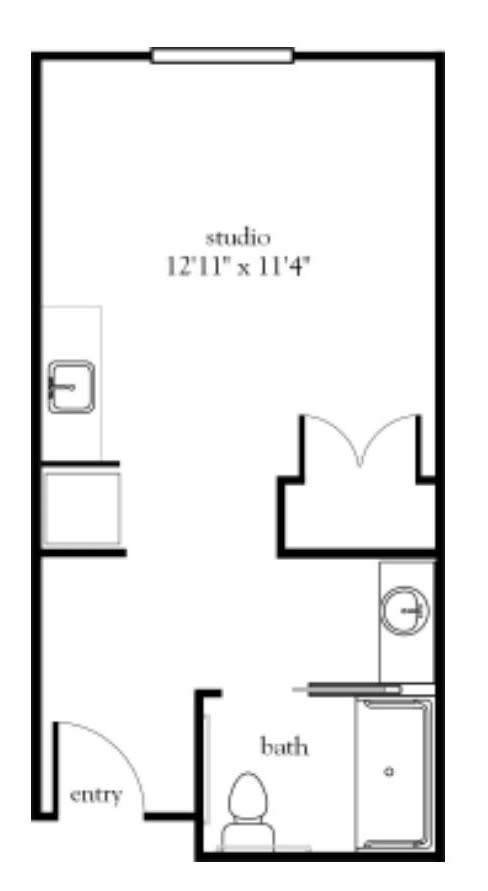 Studio apartment floor plan with dimensions.
