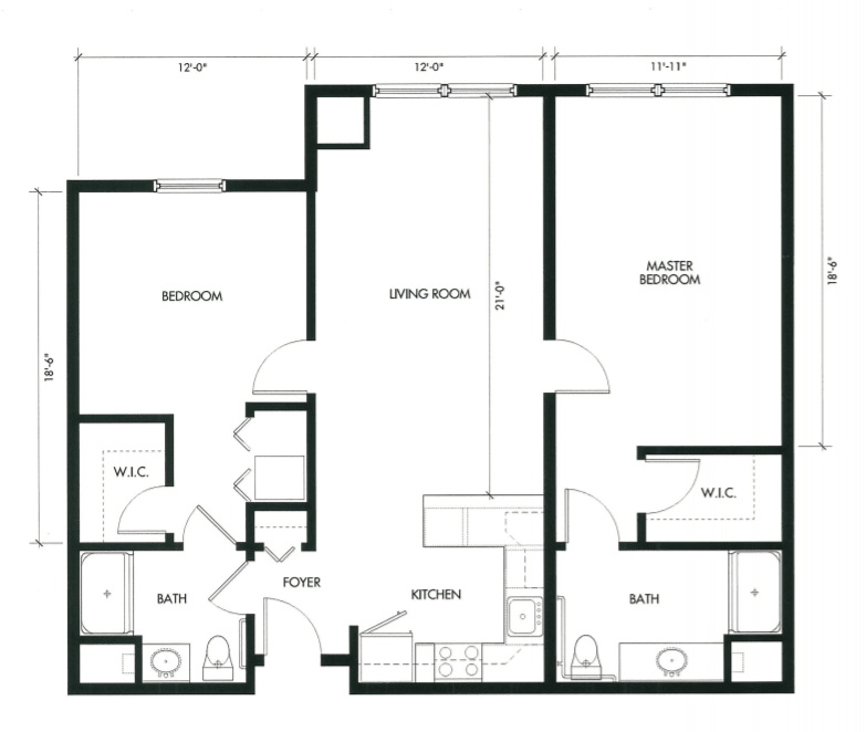 A floor plan showing a two-bedroom apartment layout with living area, kitchen, and two bathrooms.