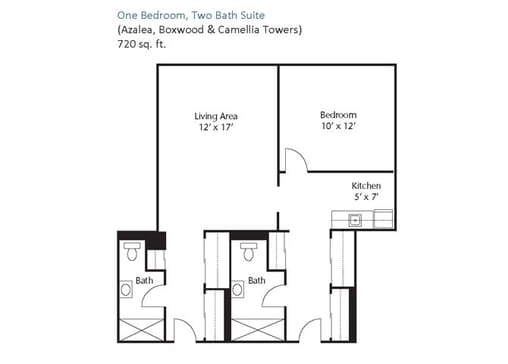 Floor plan of a one-bedroom, two-bath suite with kitchen and living area.