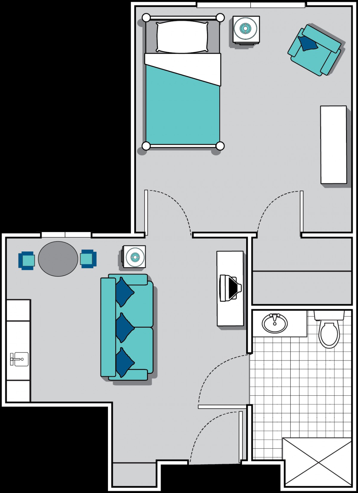A simple floor plan showing a one-bedroom apartment layout with a living room, bedroom, and bathroom.