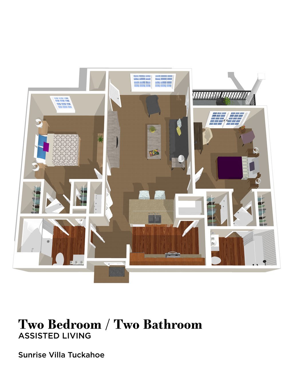 3D floor plan of a two-bedroom, two-bathroom apartment.