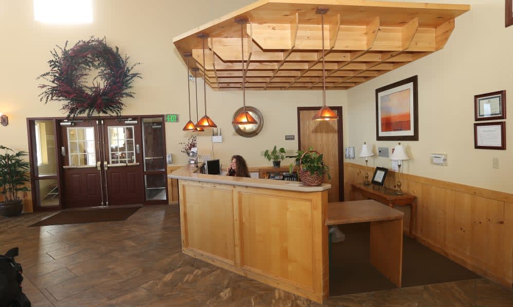 A cozy reception area with a wooden desk, warm lighting, and decorative indoor plants.