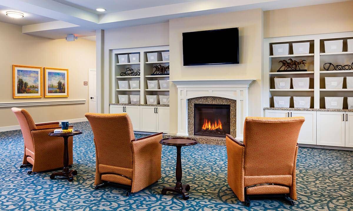 A cozy lounge area featuring a fireplace, comfortable chairs, a television, and wall-mounted bookshelves.