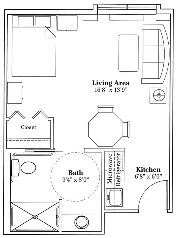 Studio apartment floor plan showcasing living area, kitchen, bath, and closet.