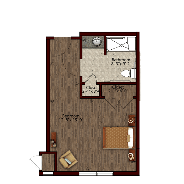 Studio apartment floor plan with a combined living and sleeping area, kitchenette, and bathroom.