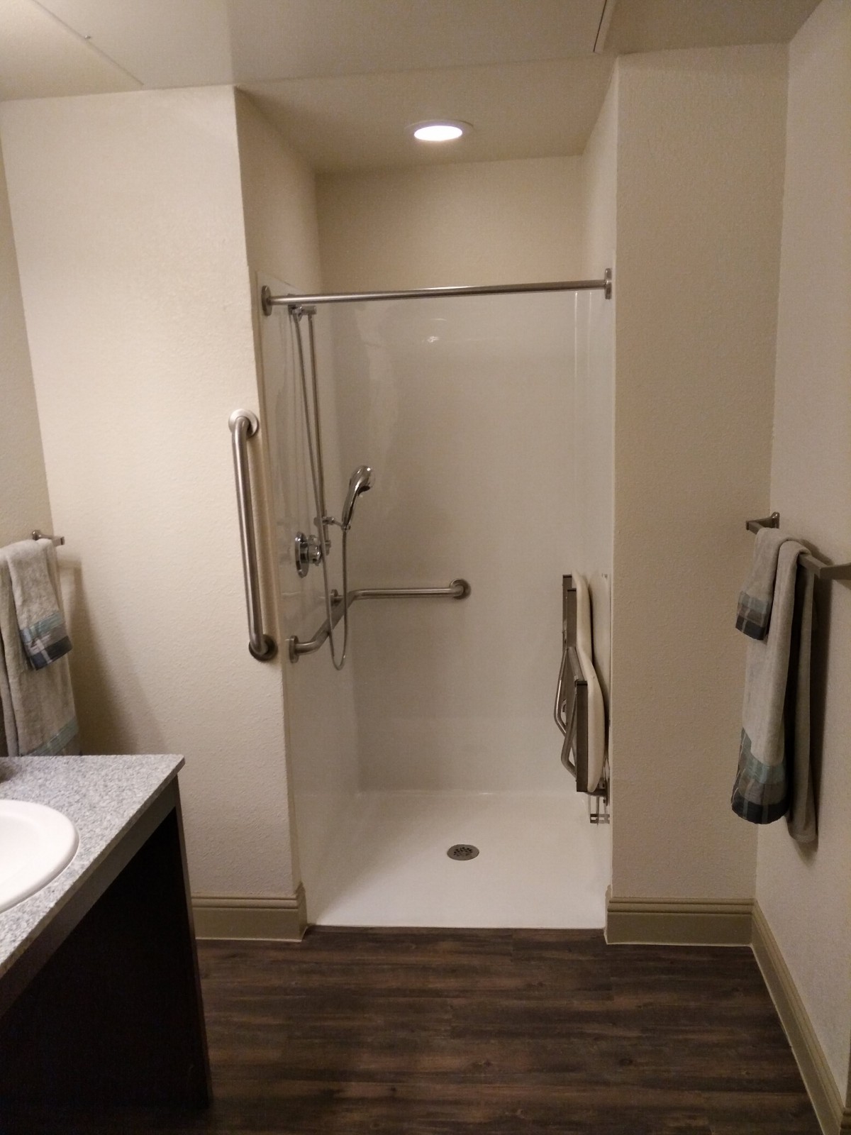 A bathroom with an accessible shower, featuring handrails and towels.