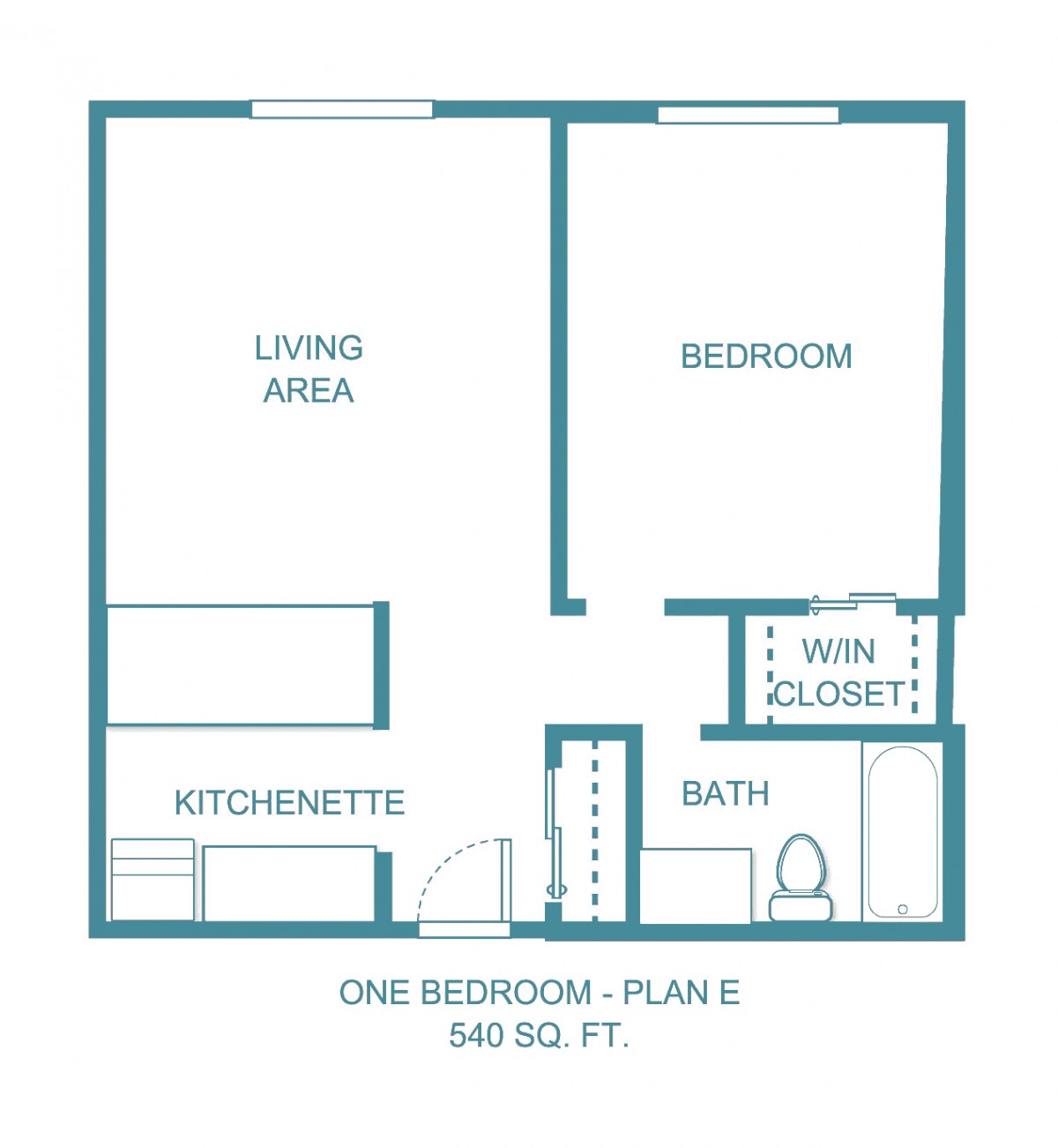 A floor plan of a one-bedroom apartment with a living area, kitchenette, bath, and closet, covering 540 square feet.