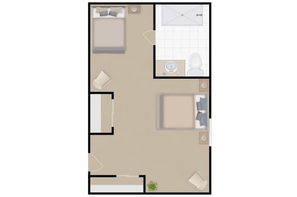 A simple floor plan of a two-bedroom apartment, highlighting the layout and arrangement of rooms.