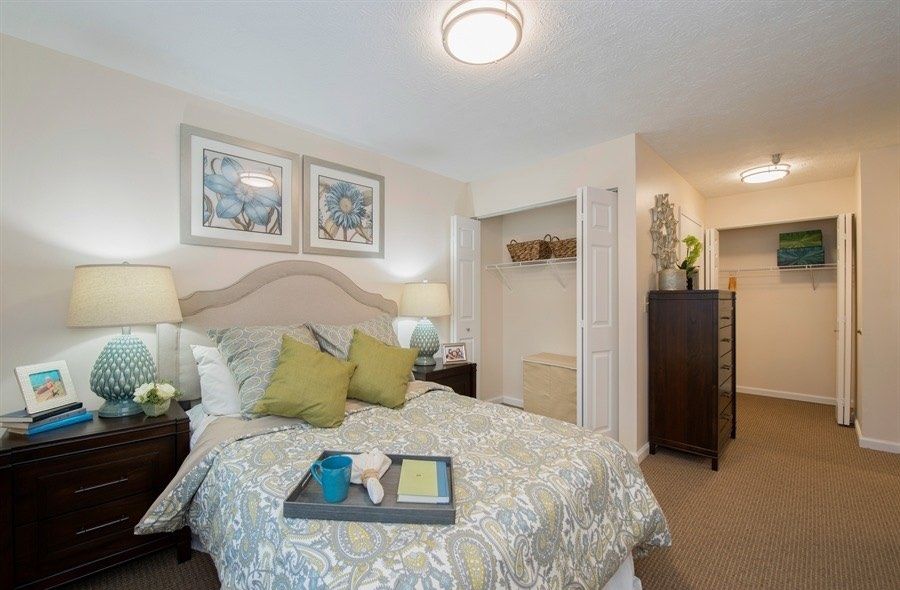 A cozy, modern bedroom with elegant decor and comfortable bedding.