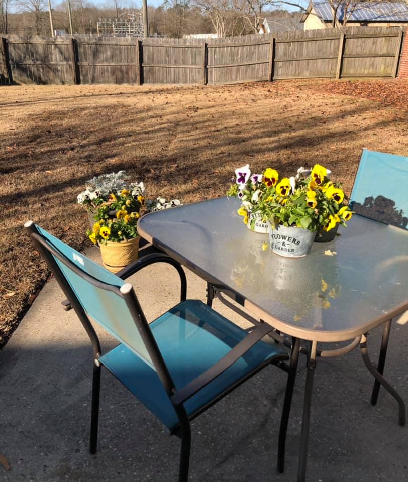A sunny patio setup with a glass table adorned with potted flowers and surrounded by blue chairs.