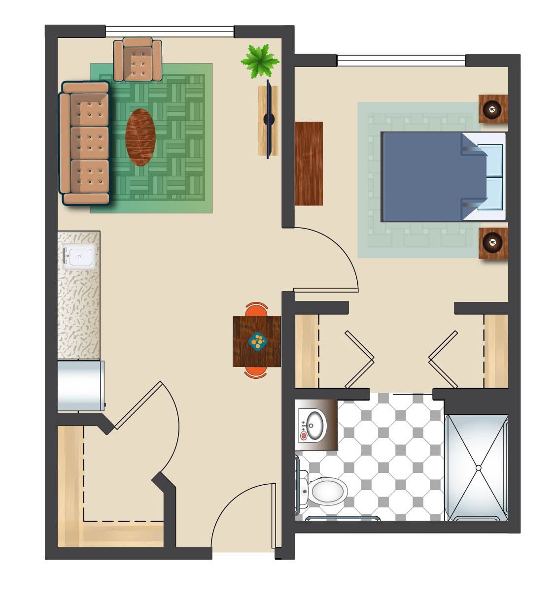 A simple one-bedroom apartment floor plan featuring a living room, bathroom, and bedroom.