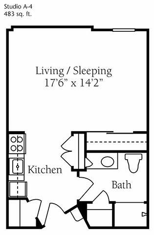 Studio apartment floor plan with living/sleeping area, kitchen, and bathroom.