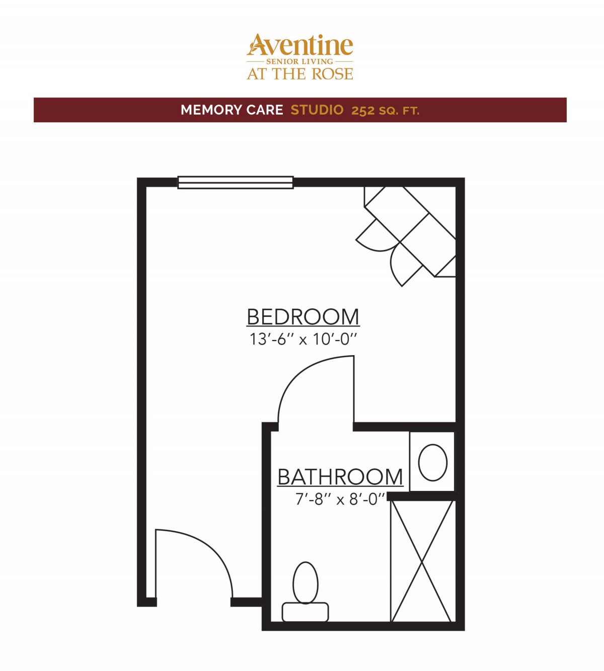 A simple floor plan layout including a bedroom and bathroom.