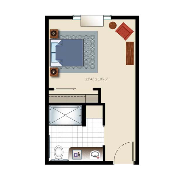 A simple floor plan of a studio apartment featuring a bedroom and bathroom layout.