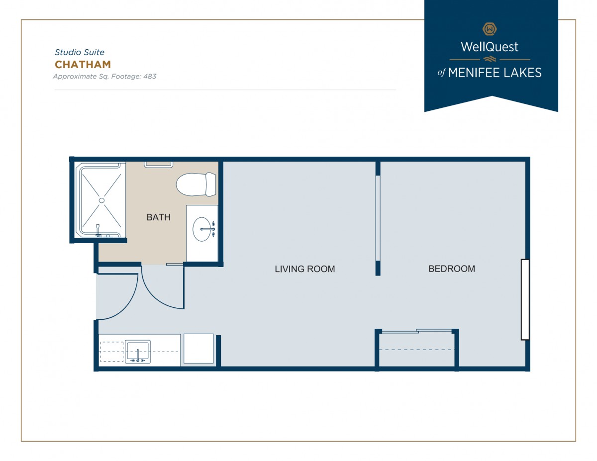 A floor plan of a one-bedroom apartment, showing the layout with a living room, kitchen, and bathroom.