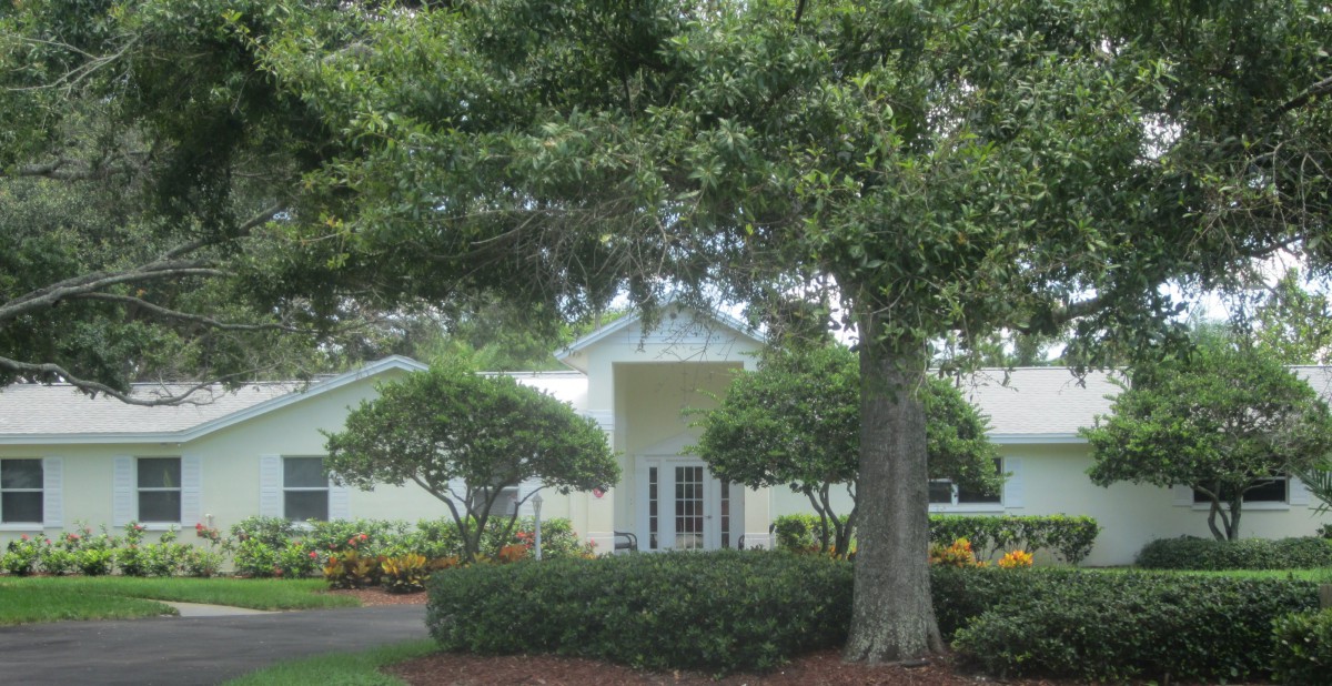 A charming house surrounded by lush greenery and trees.