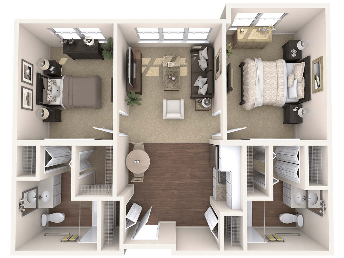 A top-down view of a two-bedroom apartment floor plan with separate bathrooms and a central living area.