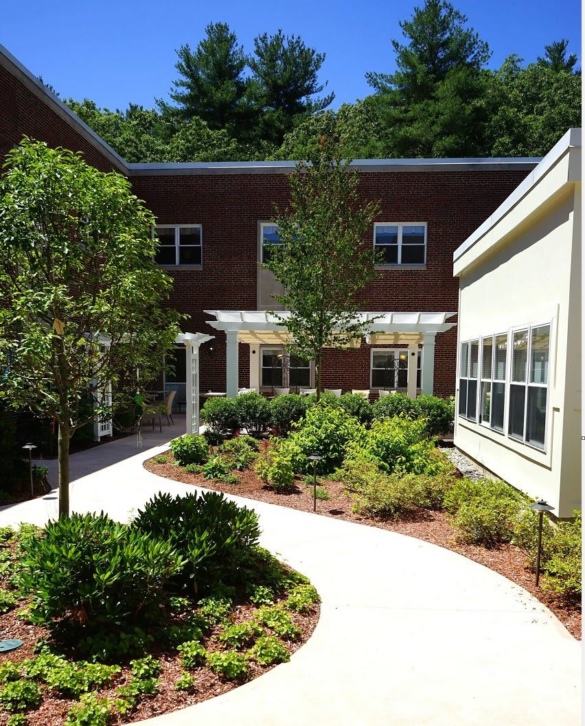 A landscaped garden with a pathway leading to a building surrounded by greenery.