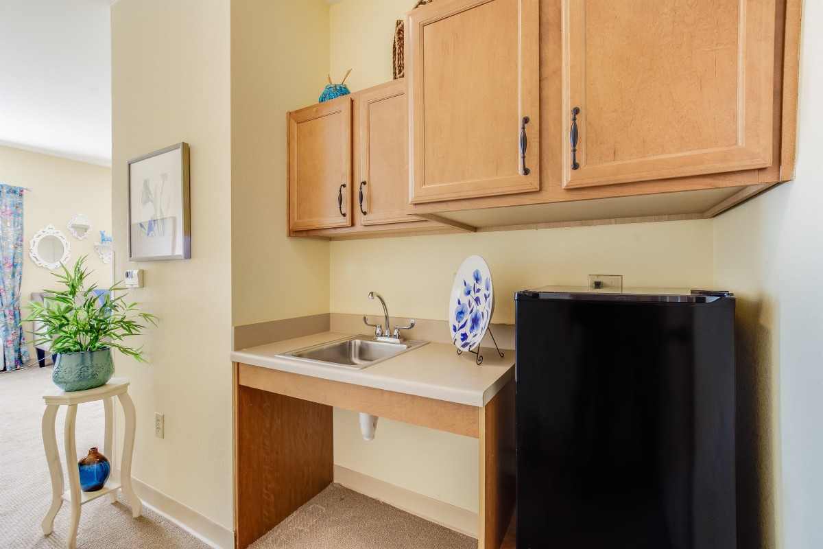A small kitchenette with wooden cabinets, a sink, and a mini fridge in the corner.