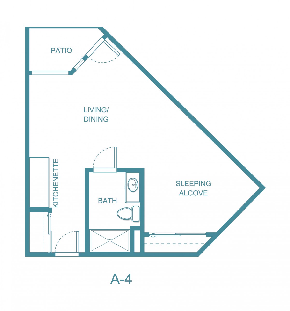 Studio apartment floor plan with living/dining area and bathroom.