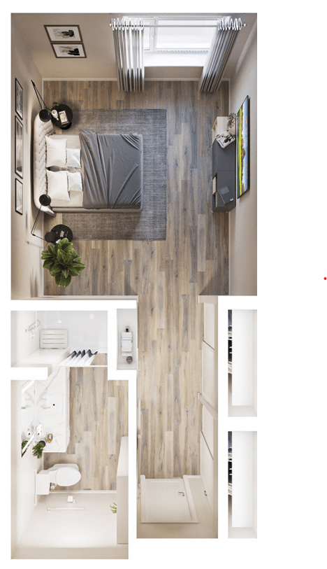 Modern apartment floor plan showcasing a stylish bedroom and living area.