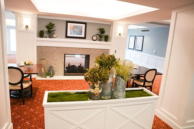 A cozy living room with a fireplace, elegant decor, and lush plants.