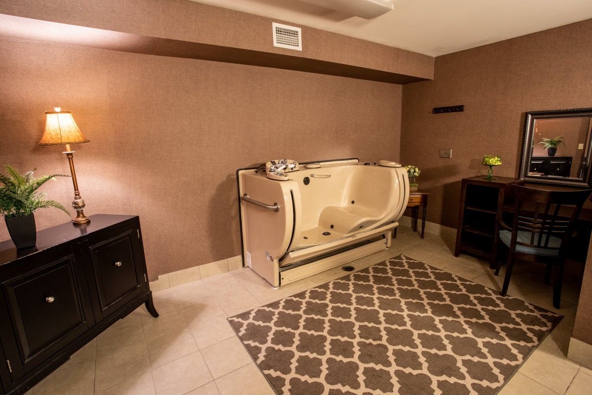 A modern bathroom featuring a walk-in tub and stylish decor.