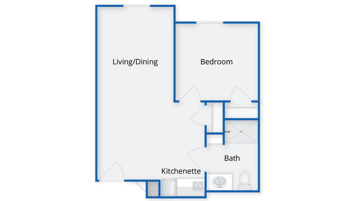 A blueprint of a one-bedroom apartment featuring a living/dining area, kitchenette, and bathroom.