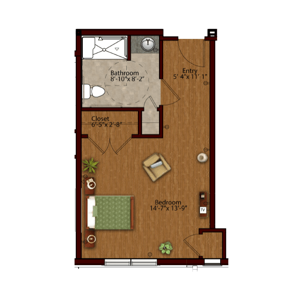 A detailed floor plan of a studio apartment, showcasing the layout of the living area, kitchen, and bathroom.