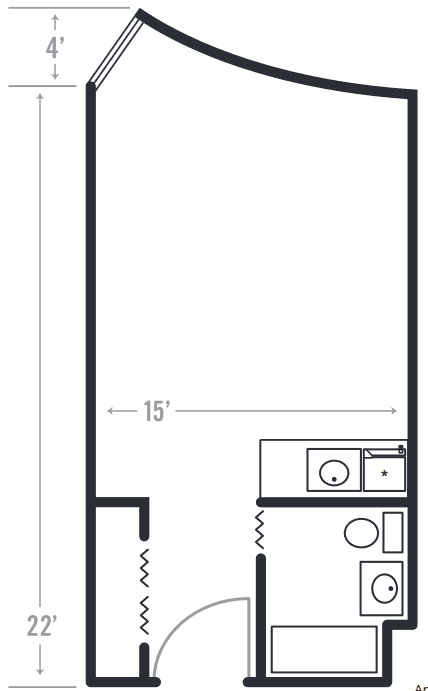 Simple floor plan with dimensions and fixtures.