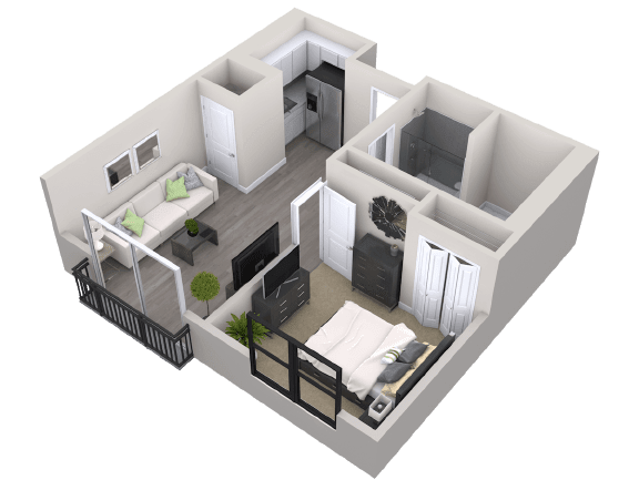 A 3D floor plan of a small apartment featuring a bedroom, kitchen, and living area.