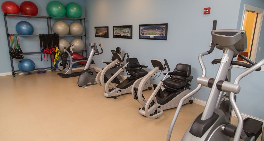 A gym room featuring stationary bikes and exercise balls, designed for cardio workouts.