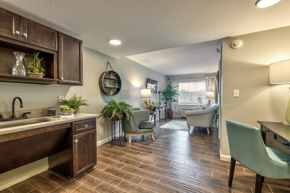 A cozy and modern open-plan living room with wood flooring, stylish furniture, and decorative plants.