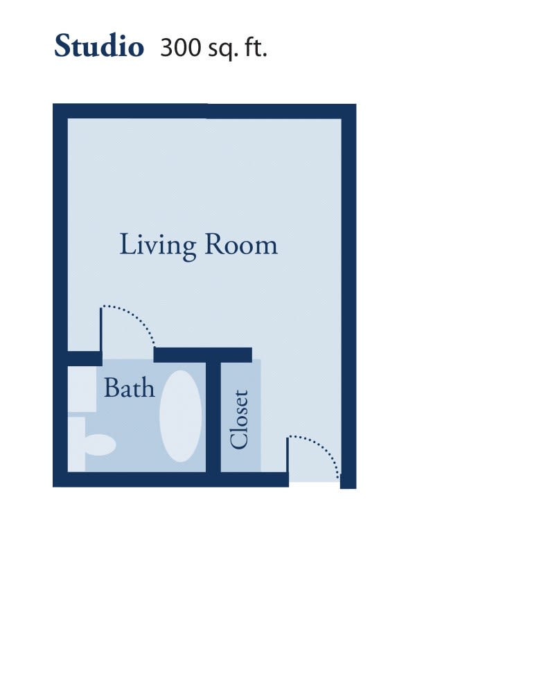 A simple floor plan showing a living room, bathroom, and closet layout.