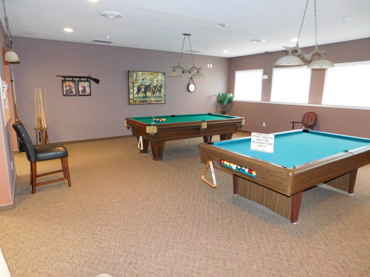 A game room featuring pool tables and seating.